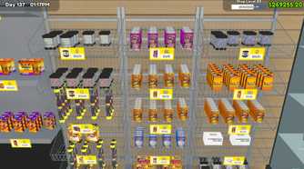 Screenshot from TCG Card Shop Simulator video game of trading card packs on shelves.