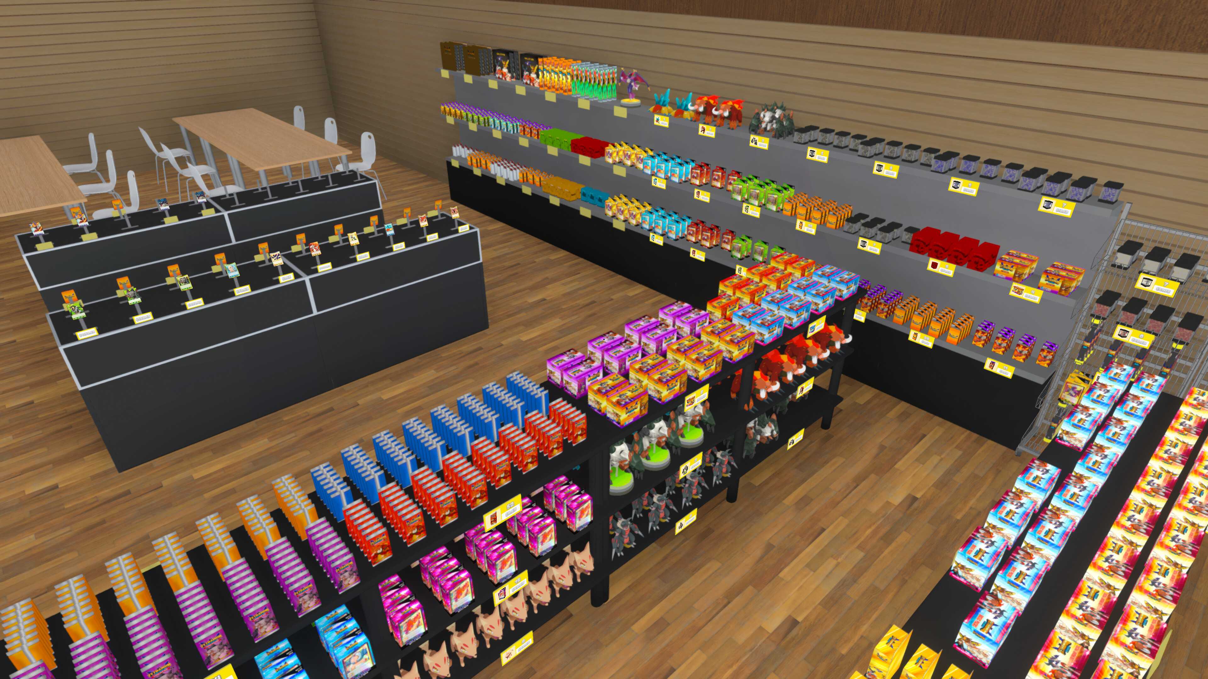 Screenshot from TCG Card Shop Simulator video game of store shelves stacked with trading cards
