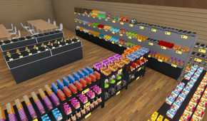 Screenshot from TCG Card Shop Simulator video game of store shelves stacked with trading cards
