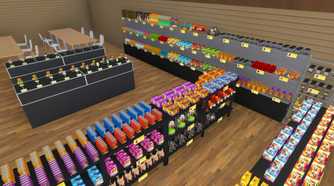 Screenshot from TCG Card Shop Simulator video game of store shelves stacked with trading cards