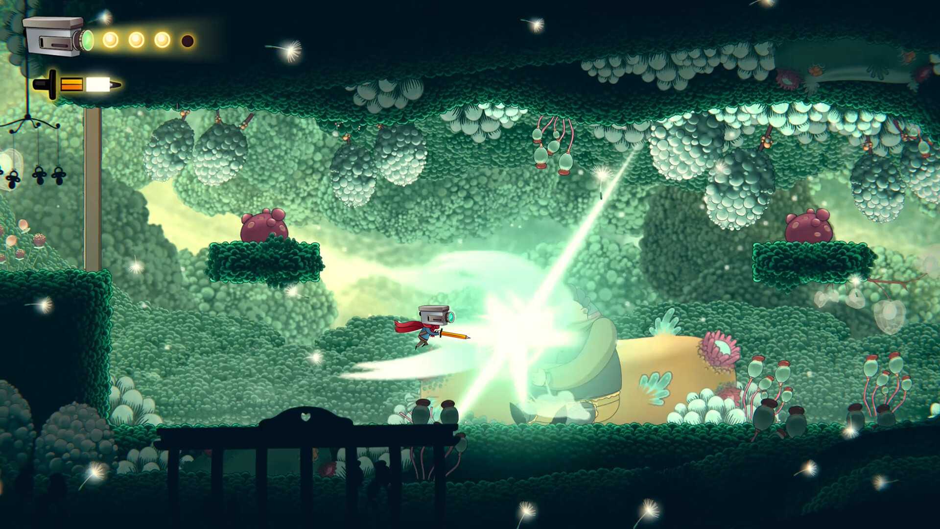 Screenshot from The Perfect Pencil video game of character in combat in lush green environment
