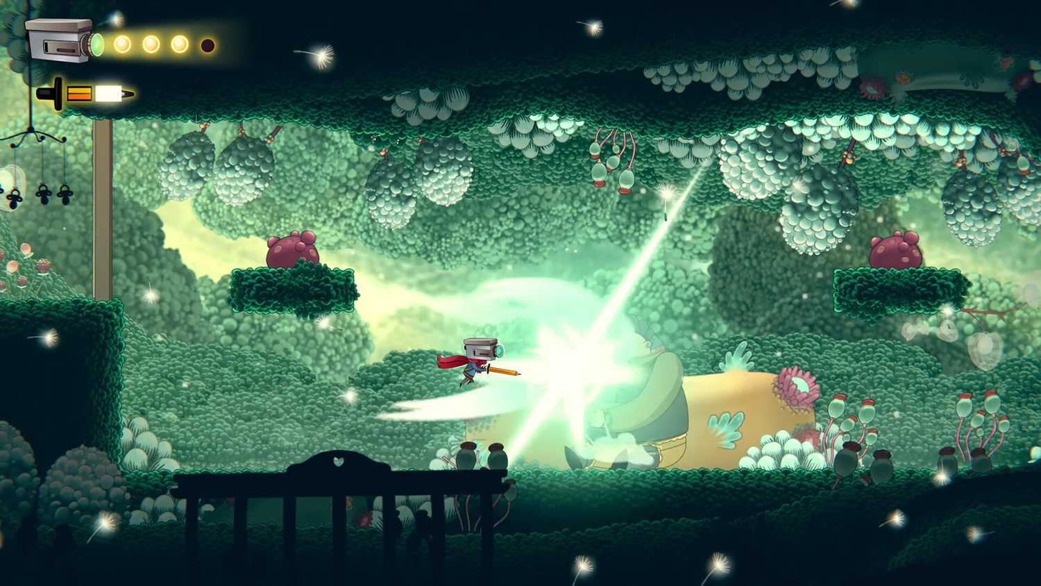 Screenshot from The Perfect Pencil video game of character in combat in lush green environment