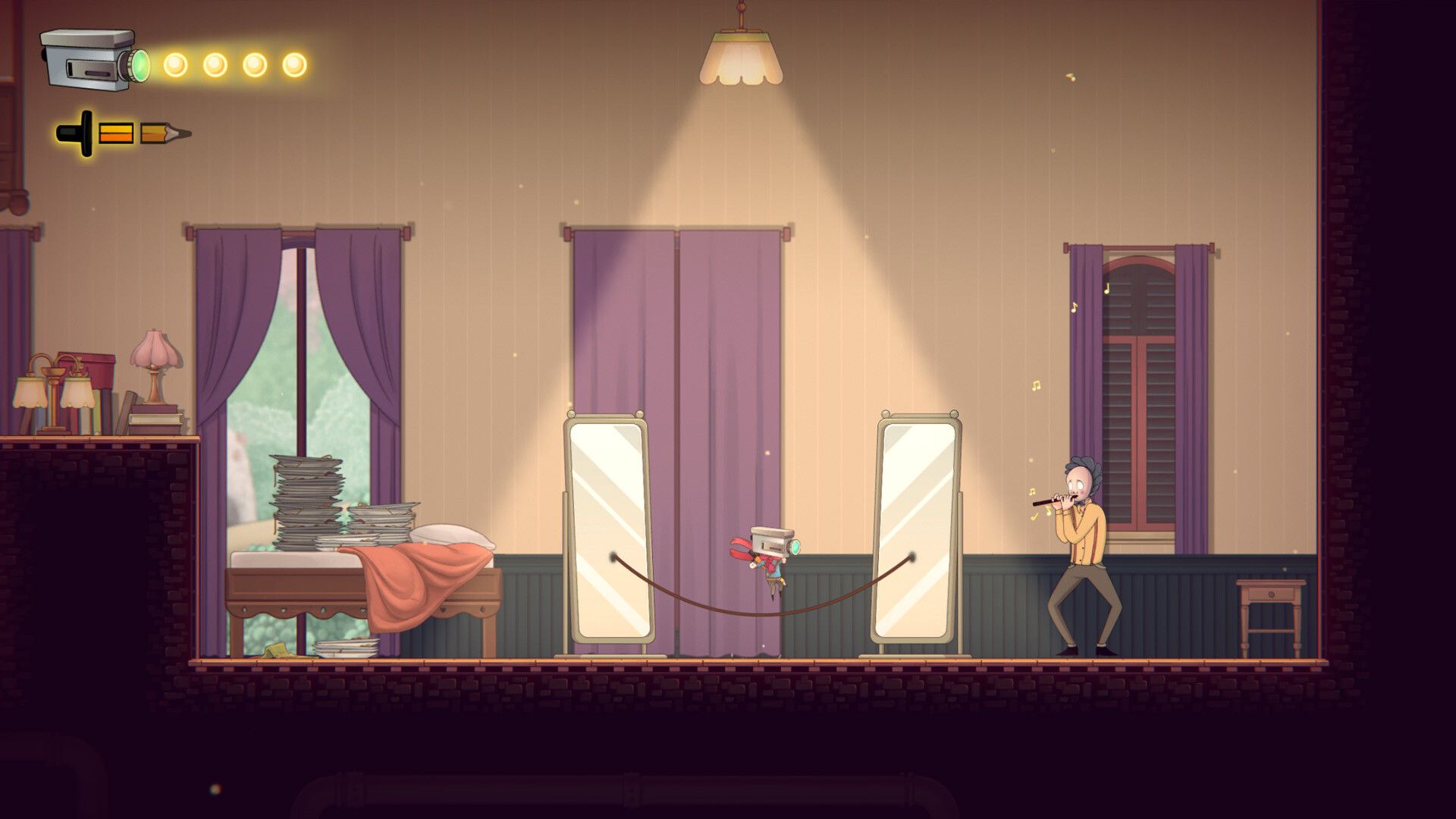 Screenshot from The Perfect Pencil video game of character fighting man with flute