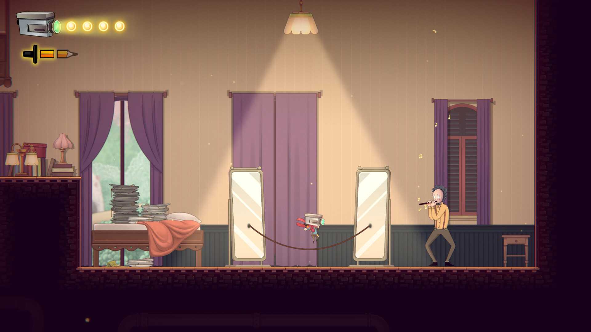 Screenshot from The Perfect Pencil video game of character fighting man with flute