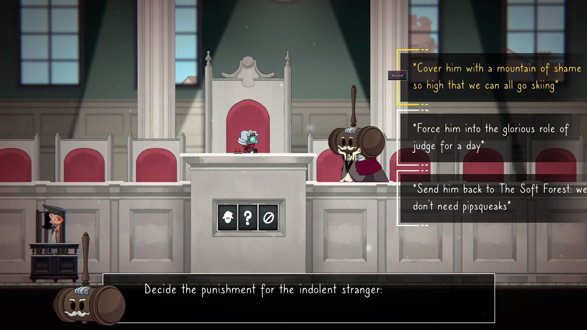Screenshot from The Perfect Pencil video game of character picking dialogue options in courtoom setting