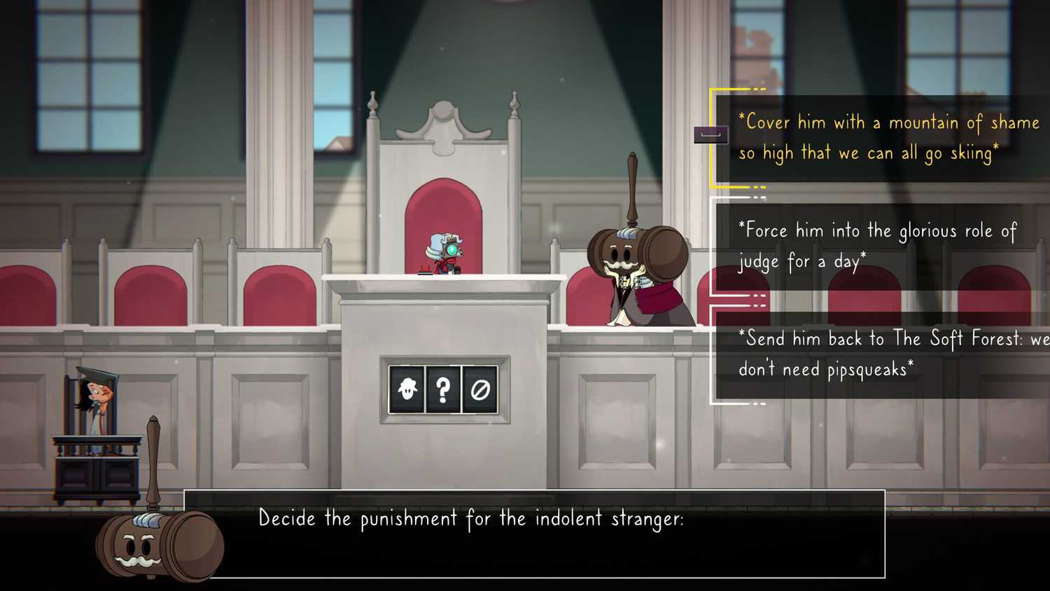Screenshot from The Perfect Pencil video game of character picking dialogue options in courtoom setting