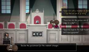 Screenshot from The Perfect Pencil video game of character picking dialogue options in courtoom setting