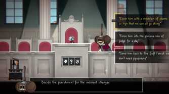 Screenshot from The Perfect Pencil video game of character picking dialogue options in courtoom setting