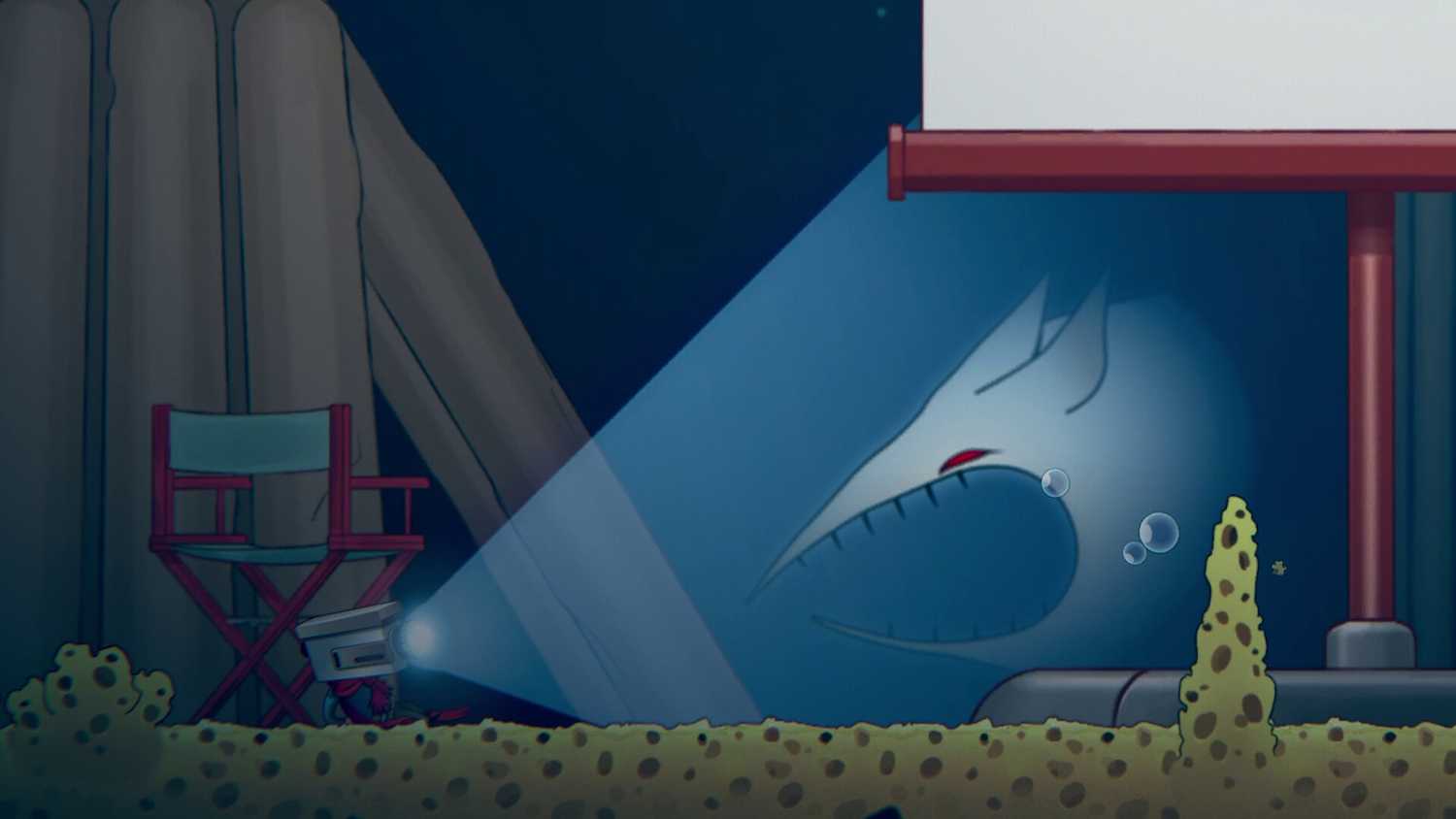 Screenshot from The Perfect Pencil video game of wolf-looking ghost looking at character with a video camera for a head