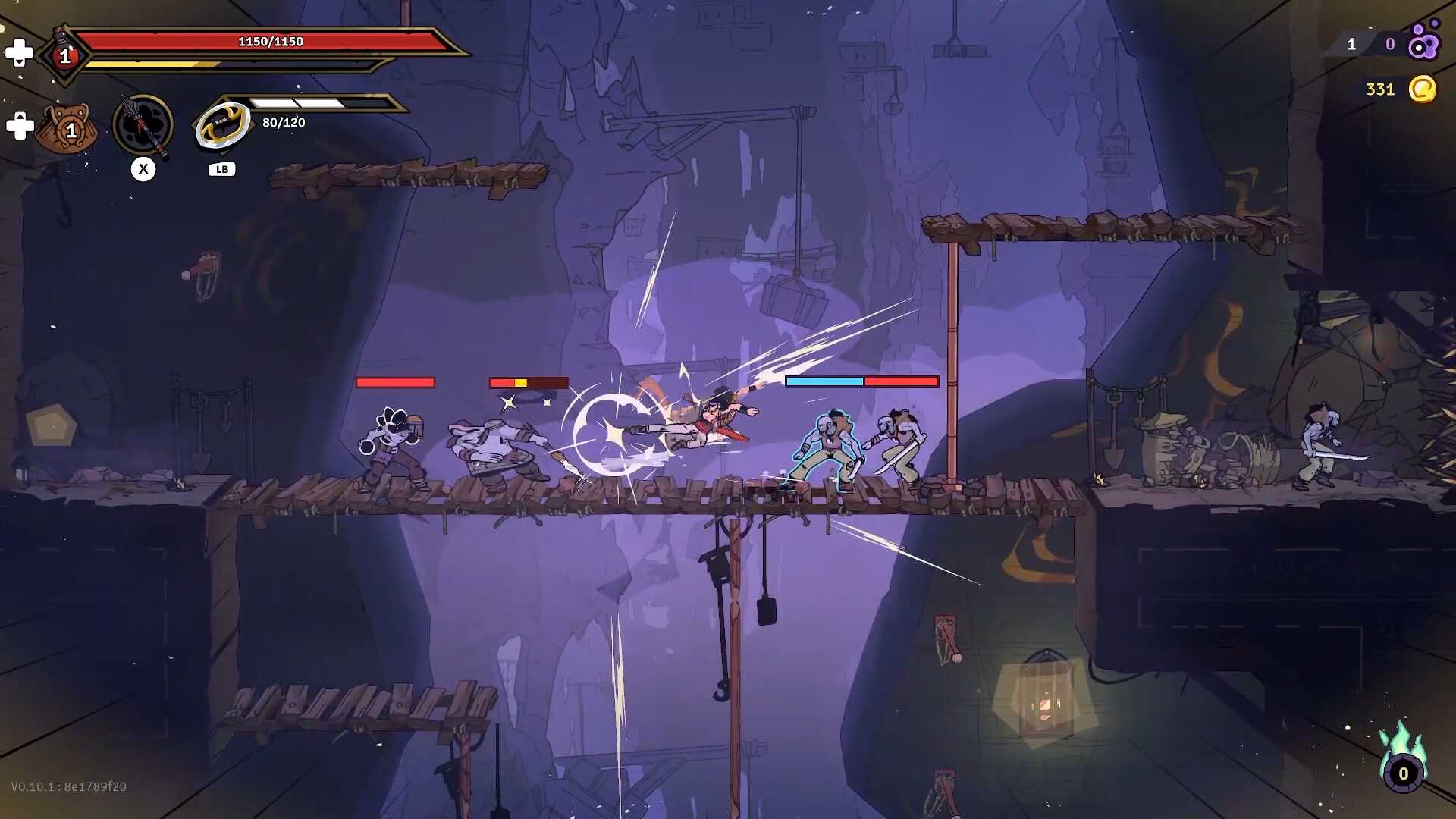 Screenshot from The Rogue Prince of Persia video game of player character fighting multiple enemies on a wooden bridge