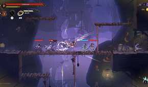 Screenshot from The Rogue Prince of Persia video game of player character fighting multiple enemies on a wooden bridge