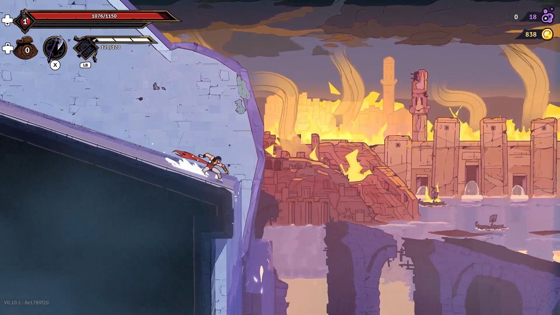 Screenshot from The Rogue Prince of Persia video game of player character sliding down a building into pool of water