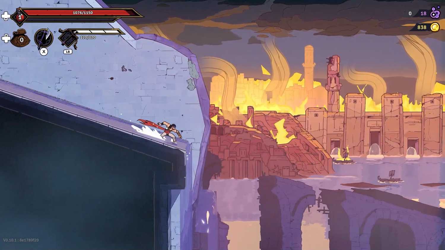 Screenshot from The Rogue Prince of Persia video game of player character sliding down a building into pool of water