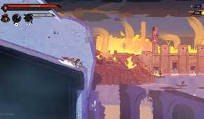 Screenshot from The Rogue Prince of Persia video game of player character sliding down a building into pool of water