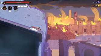 Screenshot from The Rogue Prince of Persia video game of player character sliding down a building into pool of water