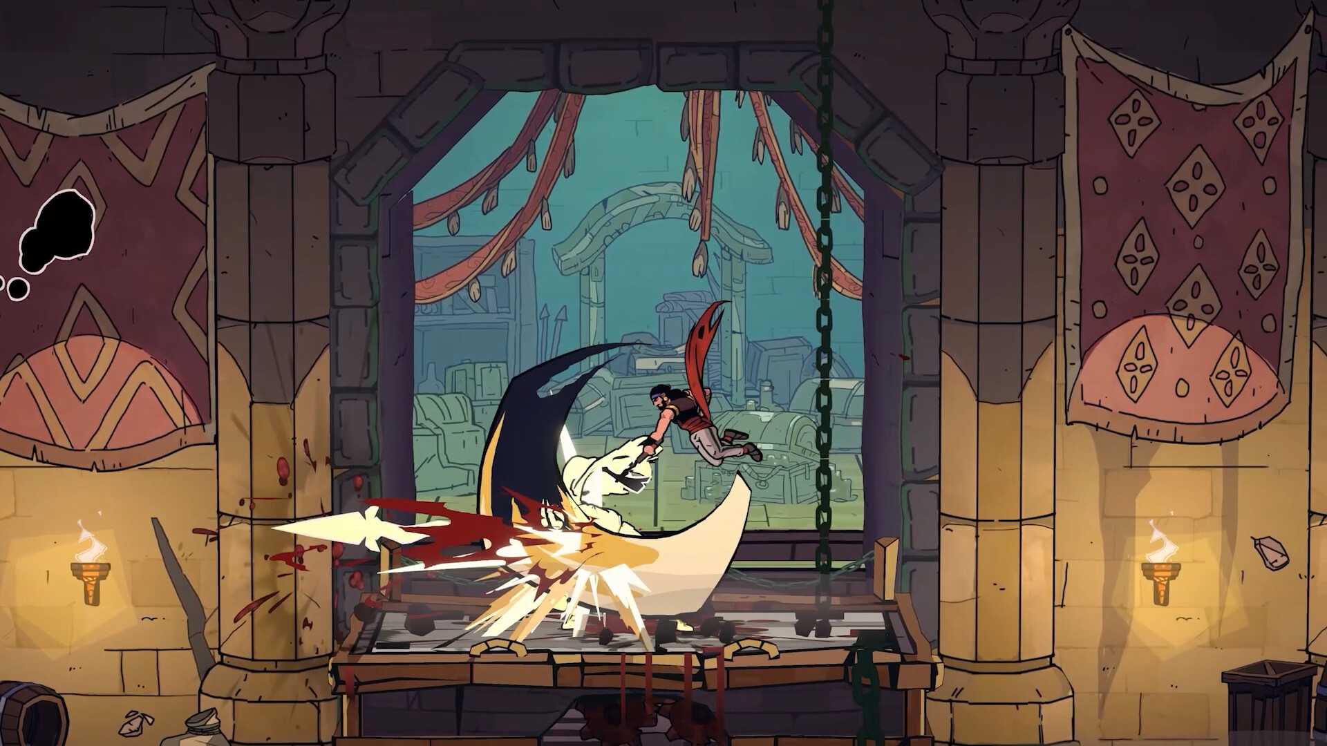 Screenshot from The Rogue Prince of Persia video game of player character fighting enemy in market setting