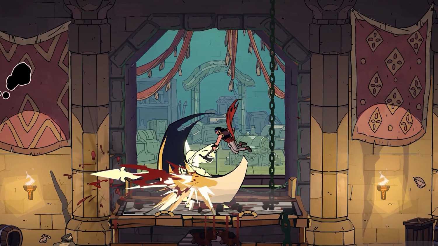 Screenshot from The Rogue Prince of Persia video game of player character fighting enemy in market setting