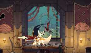 Screenshot from The Rogue Prince of Persia video game of player character fighting enemy in market setting
