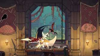 Screenshot from The Rogue Prince of Persia video game of player character fighting enemy in market setting
