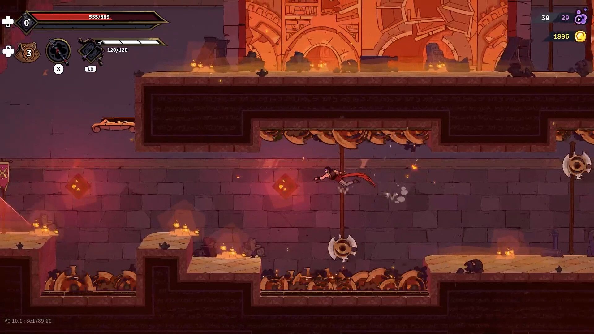 Screenshot from The Rogue Prince of Persia video game of player character jumping over large spikes