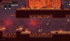 Screenshot from The Rogue Prince of Persia video game of player character jumping over large spikes