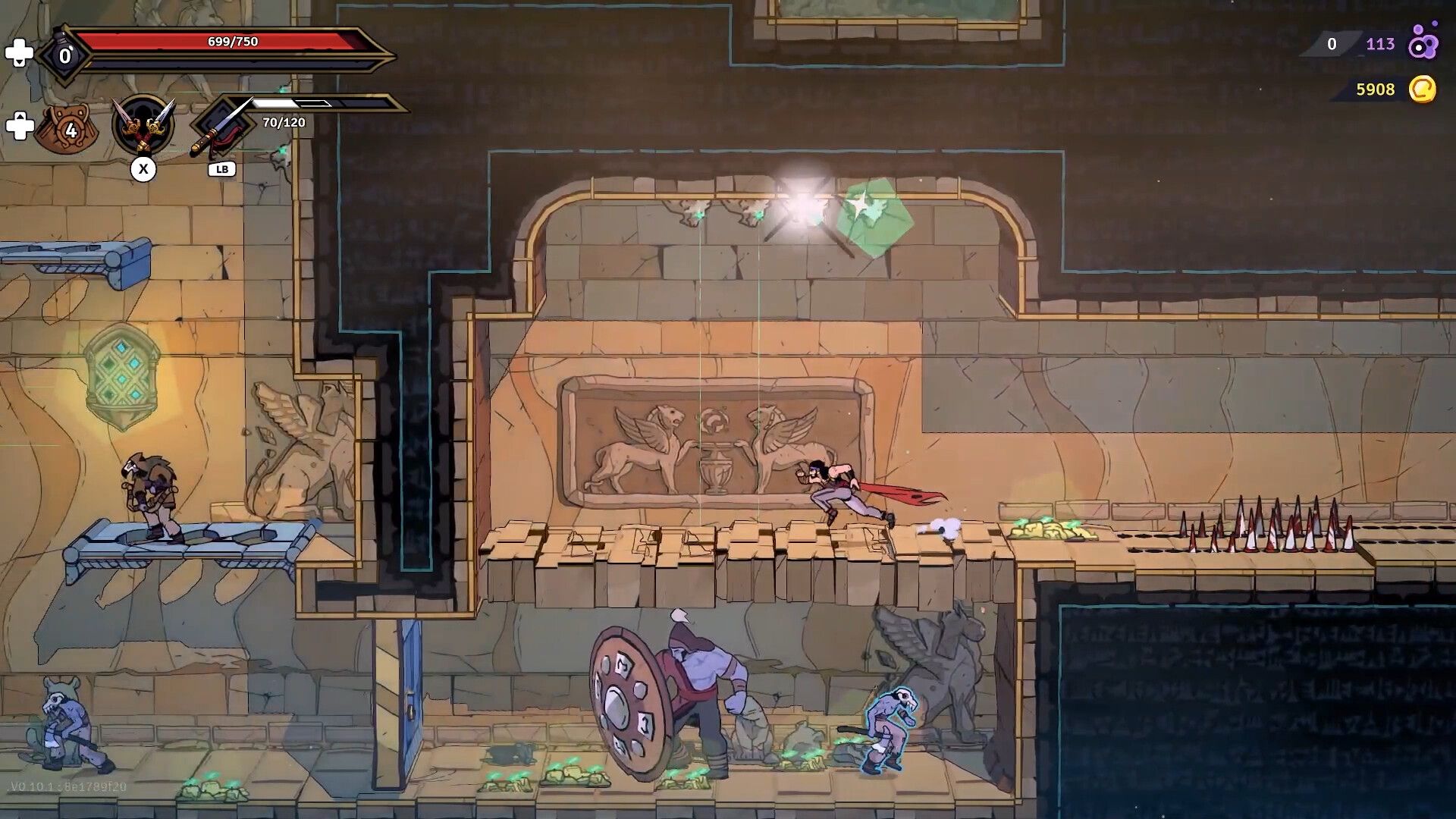 Screenshot from The Rogue Prince of Persia video game of player character running through temple setting