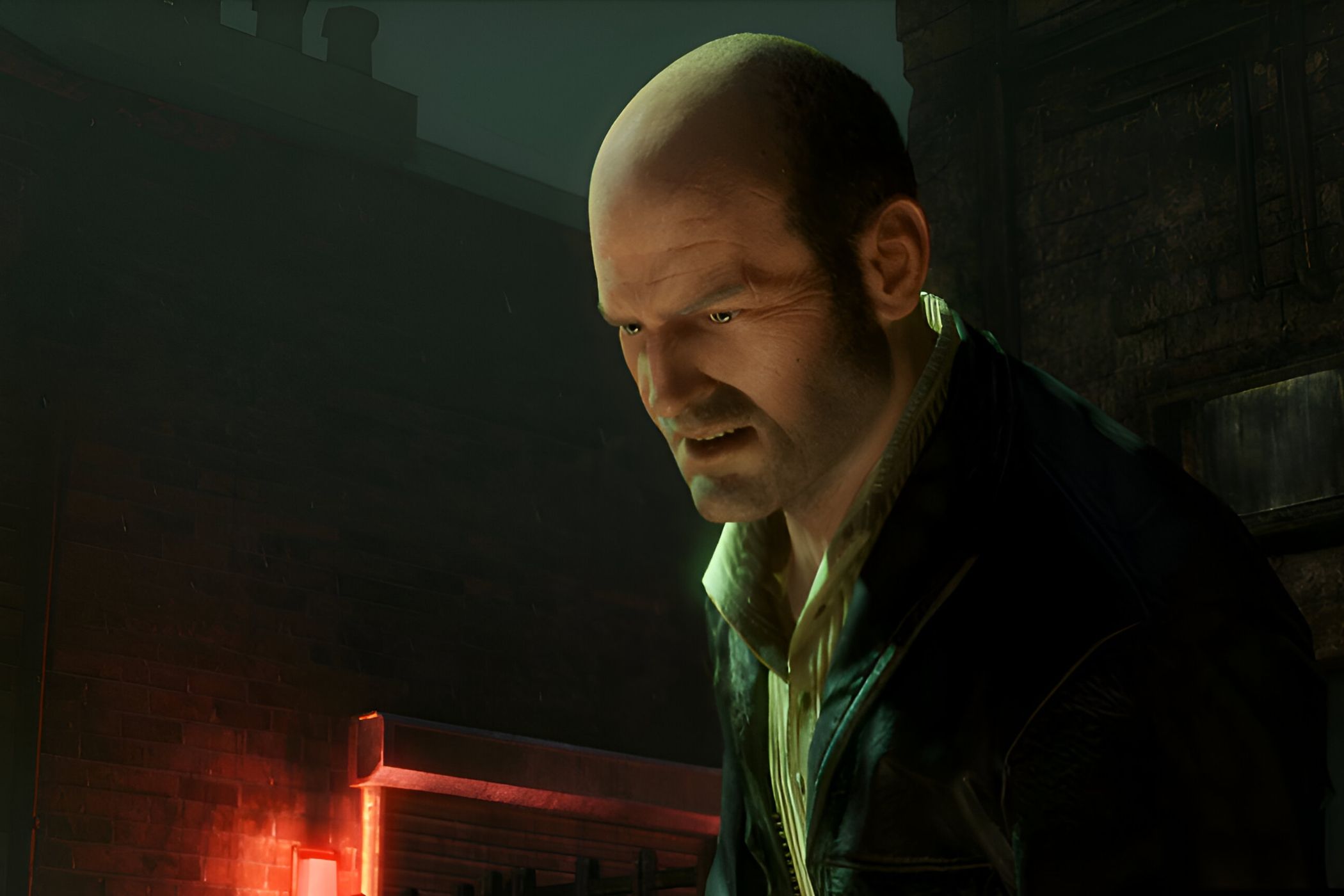 A screenshot from the game Uncharted 2, showing Charlie Cutter, a bald man, wearing a suit with a grimace on his face.