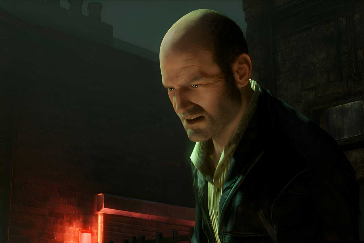 A screenshot from the game Uncharted 2, showing Charlie Cutter, a bald man, wearing a suit with a grimace on his face.