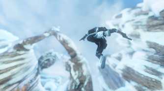 A screenshot from the game Uncharted 2, showing tall, stony statues covered in snow as a human falls down from them.
