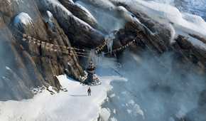 A screenshot from the game Uncharted 2: Among Thieves, showing a snowy Nepali mountain setting.
