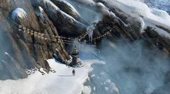 A screenshot from the game Uncharted 2: Among Thieves, showing a snowy Nepali mountain setting.