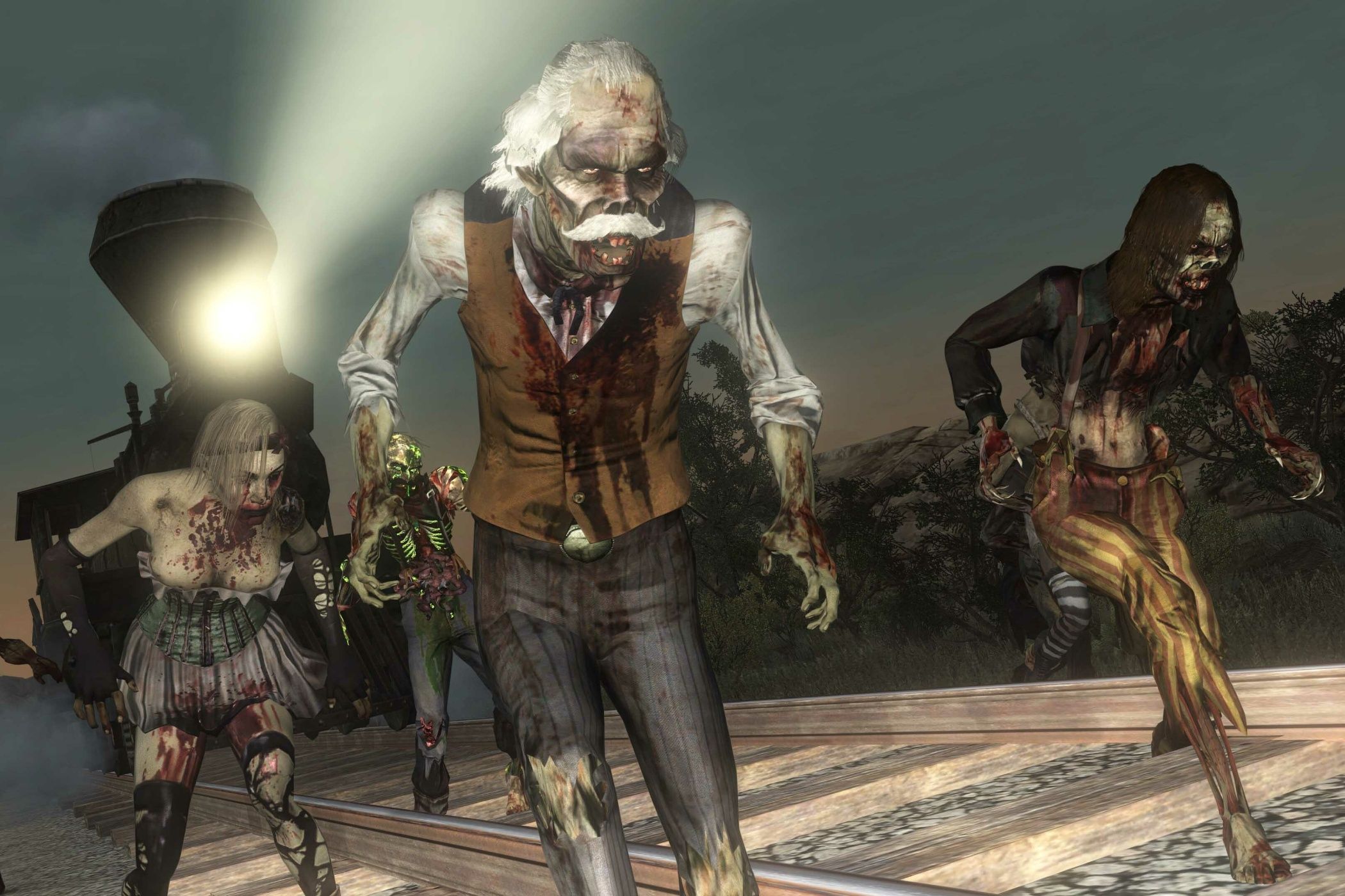 A screenshot from Red Dead Redemption Undead Nightmare, showing a horde of zombies from early 20th century America.