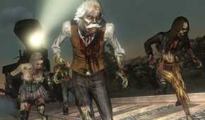 A screenshot from Red Dead Redemption Undead Nightmare, showing a horde of zombies from early 20th century America.