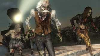 A screenshot from Red Dead Redemption Undead Nightmare, showing a horde of zombies from early 20th century America.