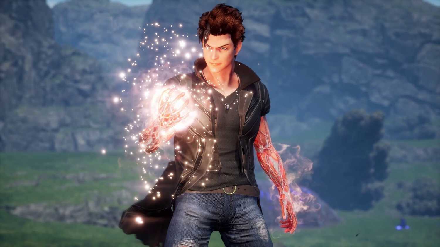 Screenshot from Undefeated: Genesis video game of man looking at his arm and veins glowing.