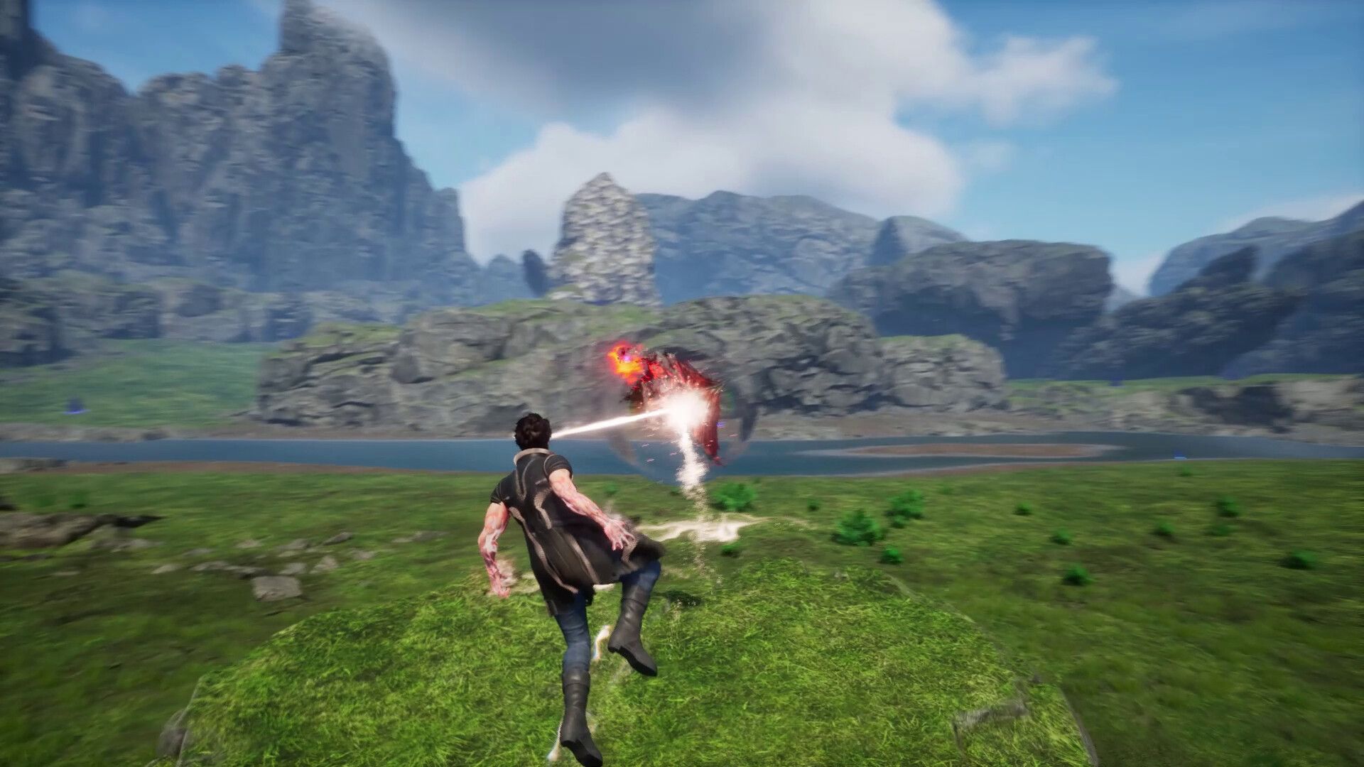 Screenshot from Undefeated: Genesis video game of man using laser eyes against demon enemy.