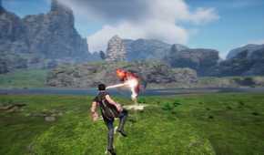 Screenshot from Undefeated: Genesis video game of man using laser eyes against demon enemy.