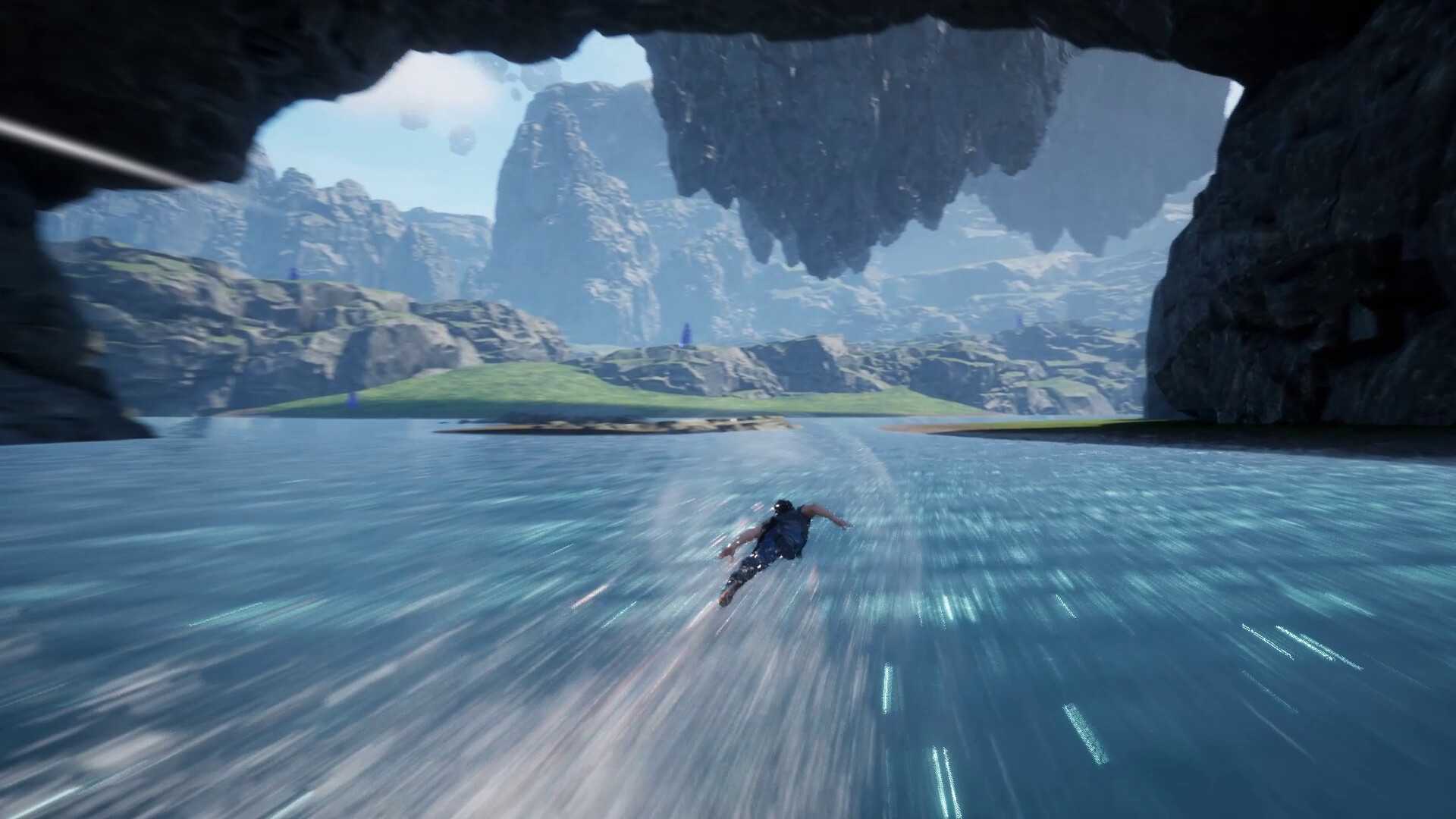 Screenshot from Undefeated: Genesis video game of man flying over water at high speeds.