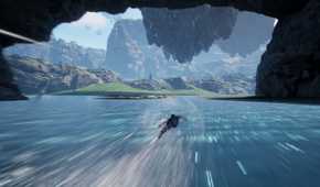 Screenshot from Undefeated: Genesis video game of man flying over water at high speeds.