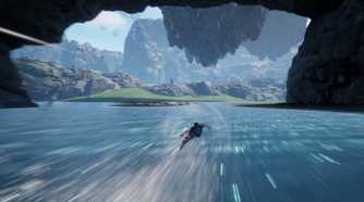 Screenshot from Undefeated: Genesis video game of man flying over water at high speeds.