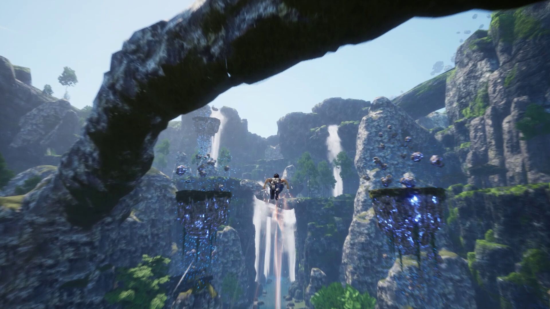 Screenshot from Undefeated: Genesis video game of man flying through alien world with mountain jungle setting.