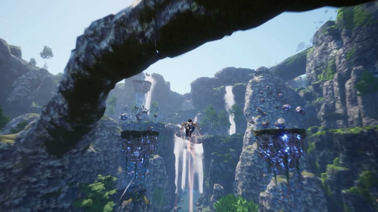 Screenshot from Undefeated: Genesis video game of man flying through alien world with mountain jungle setting.