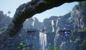 Screenshot from Undefeated: Genesis video game of man flying through alien world with mountain jungle setting.