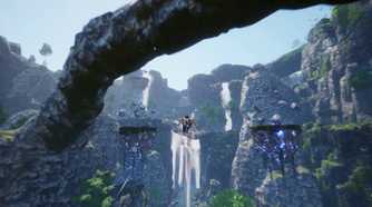 Screenshot from Undefeated: Genesis video game of man flying through alien world with mountain jungle setting.