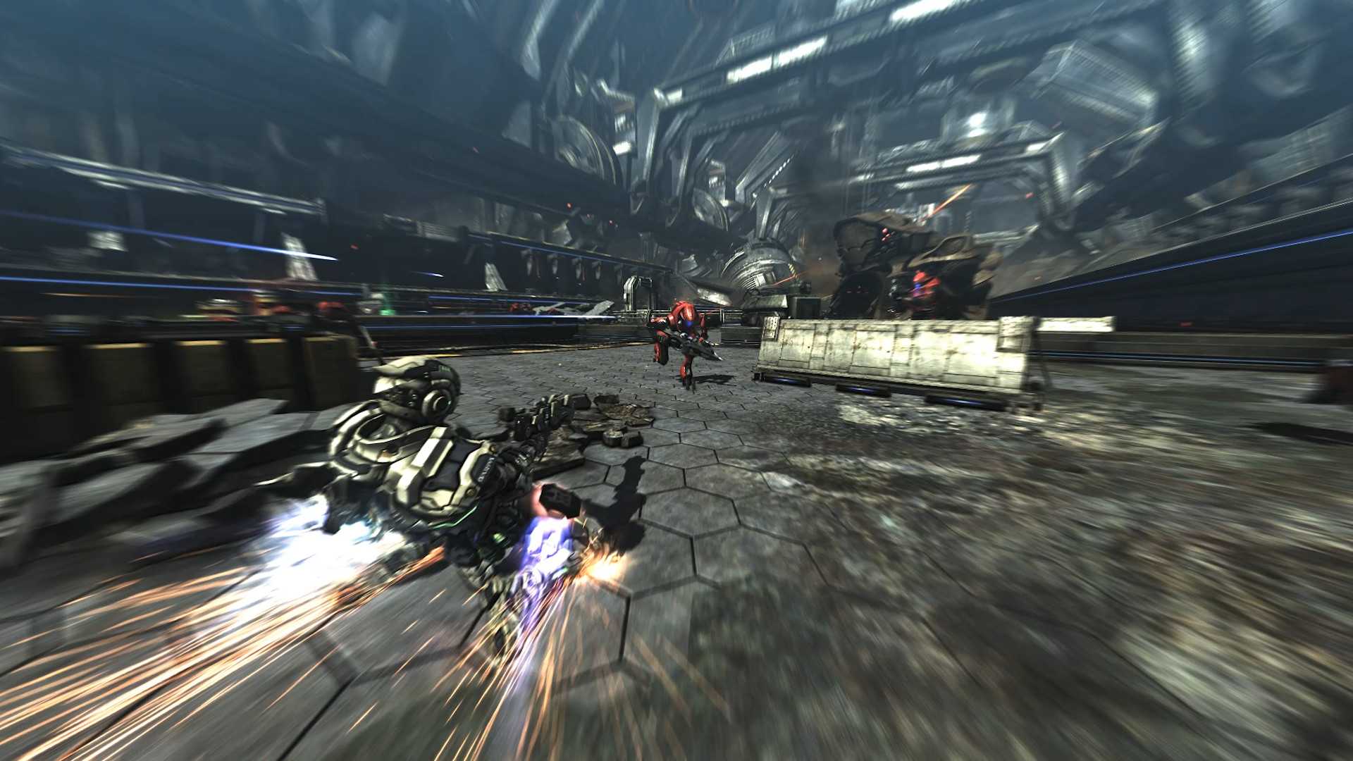 Screenshot from Vanquish video game of player character sliding with incredible speed on the ground towards enemy