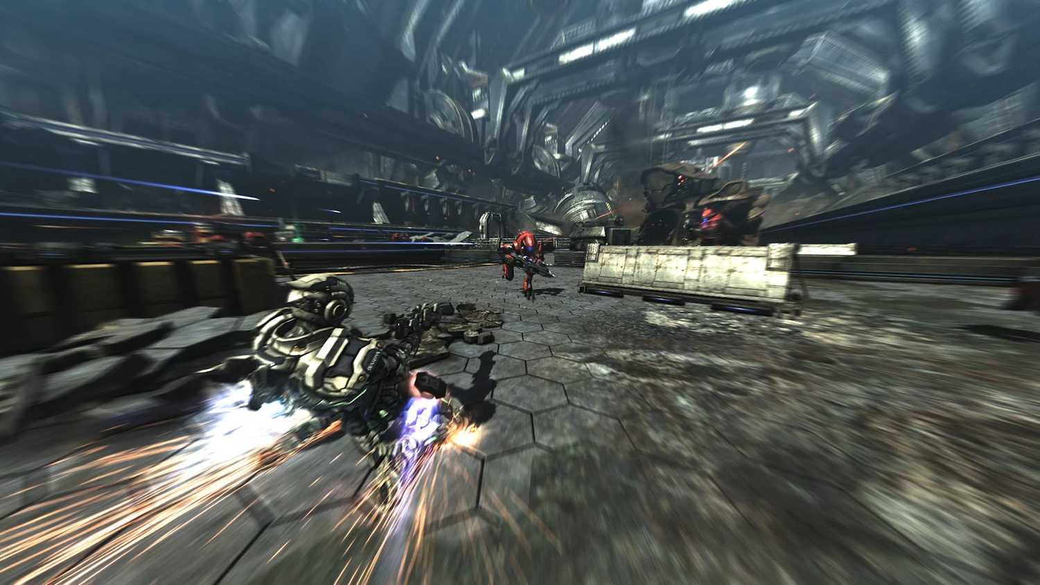 Screenshot from Vanquish video game of player character sliding with incredible speed on the ground towards enemy