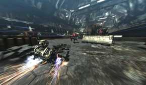 Screenshot from Vanquish video game of player character sliding with incredible speed on the ground towards enemy