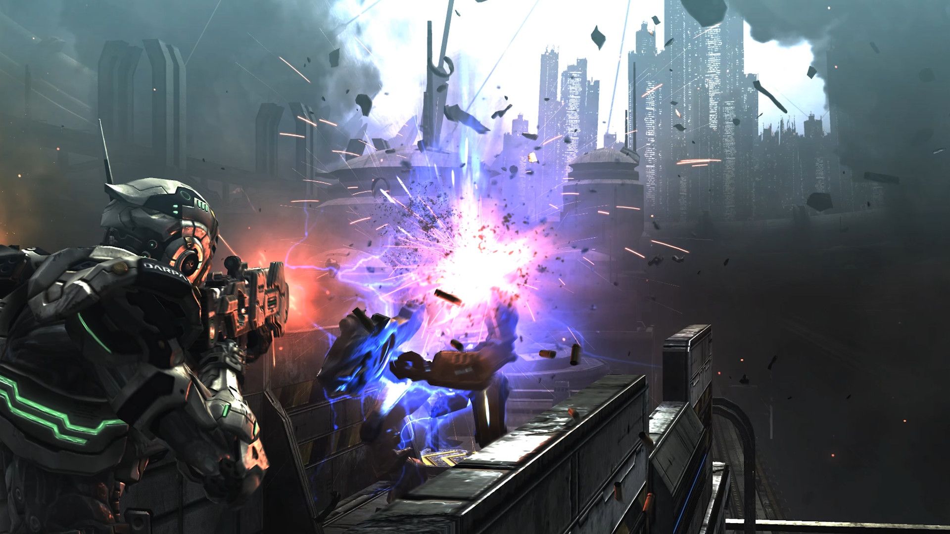 Screenshot from Vanquish video game of player character firing rifle at enemy target