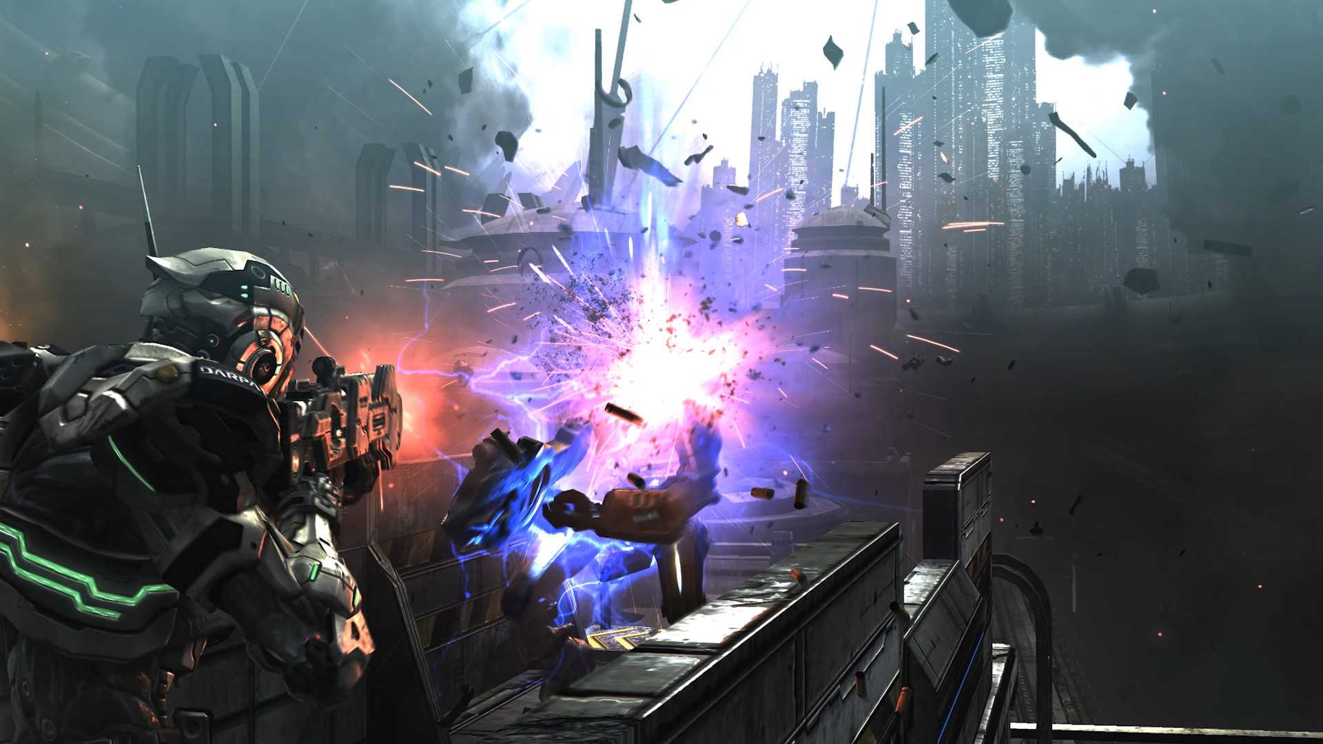 Screenshot from Vanquish video game of player character firing rifle at enemy target
