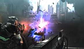 Screenshot from Vanquish video game of player character firing rifle at enemy target